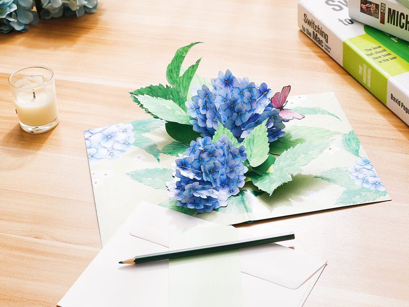 Liif Hydrangea Blossoms Butterfly 3D Greeting Pop Up Mother's Day Card, Spring, Summer, Anniversary, Fathers Day, Get Well, Thinking Of You,With Message Note & Envelop,Large Size 8x6 Inch - Image 2